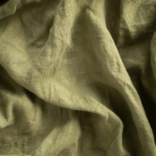 Detailed close-up of wrinkled fabric texture in a soft olive green hue.